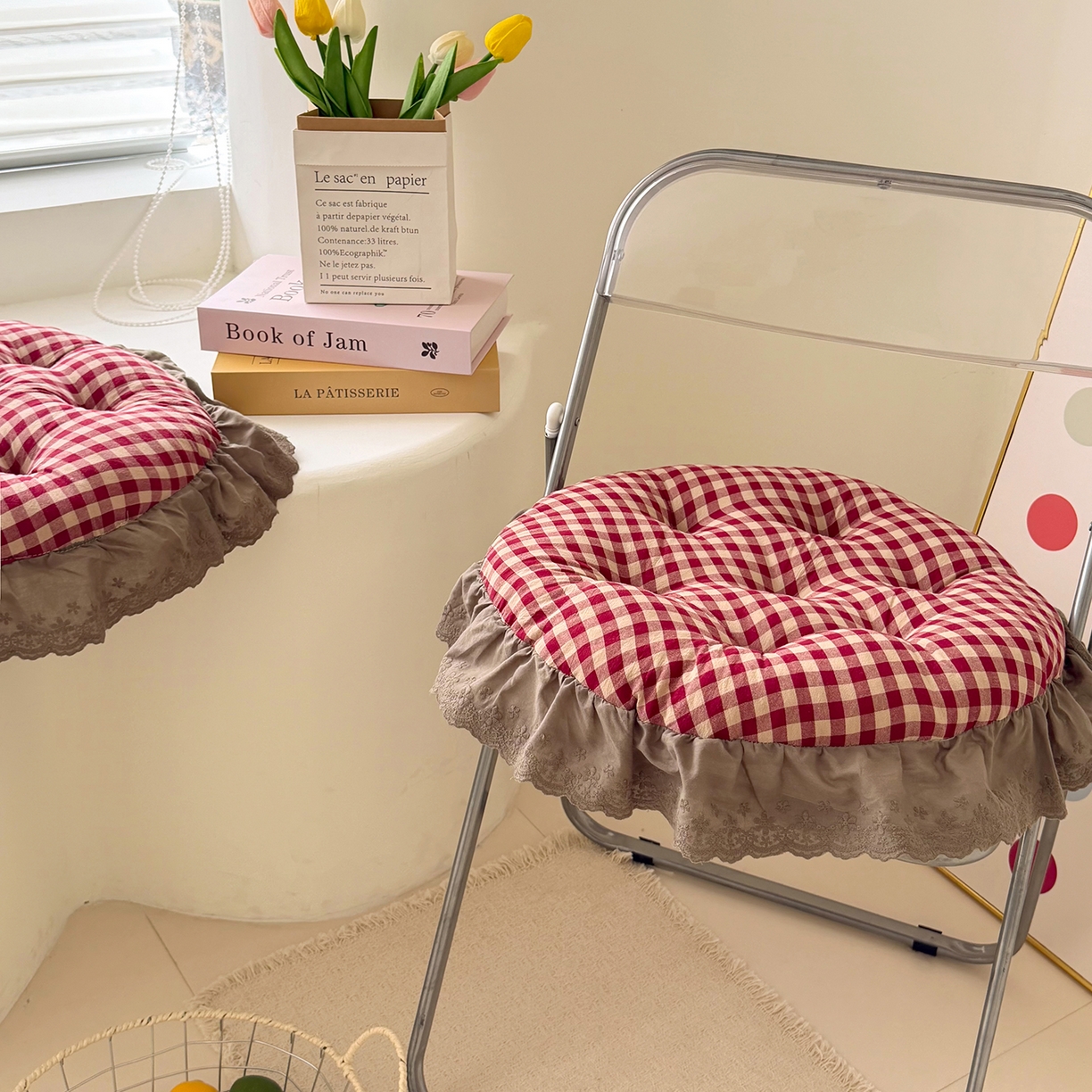 91家纺网 家纺一手货源 找家纺 座享家 2026新款全棉色织大花边蒲团 红格