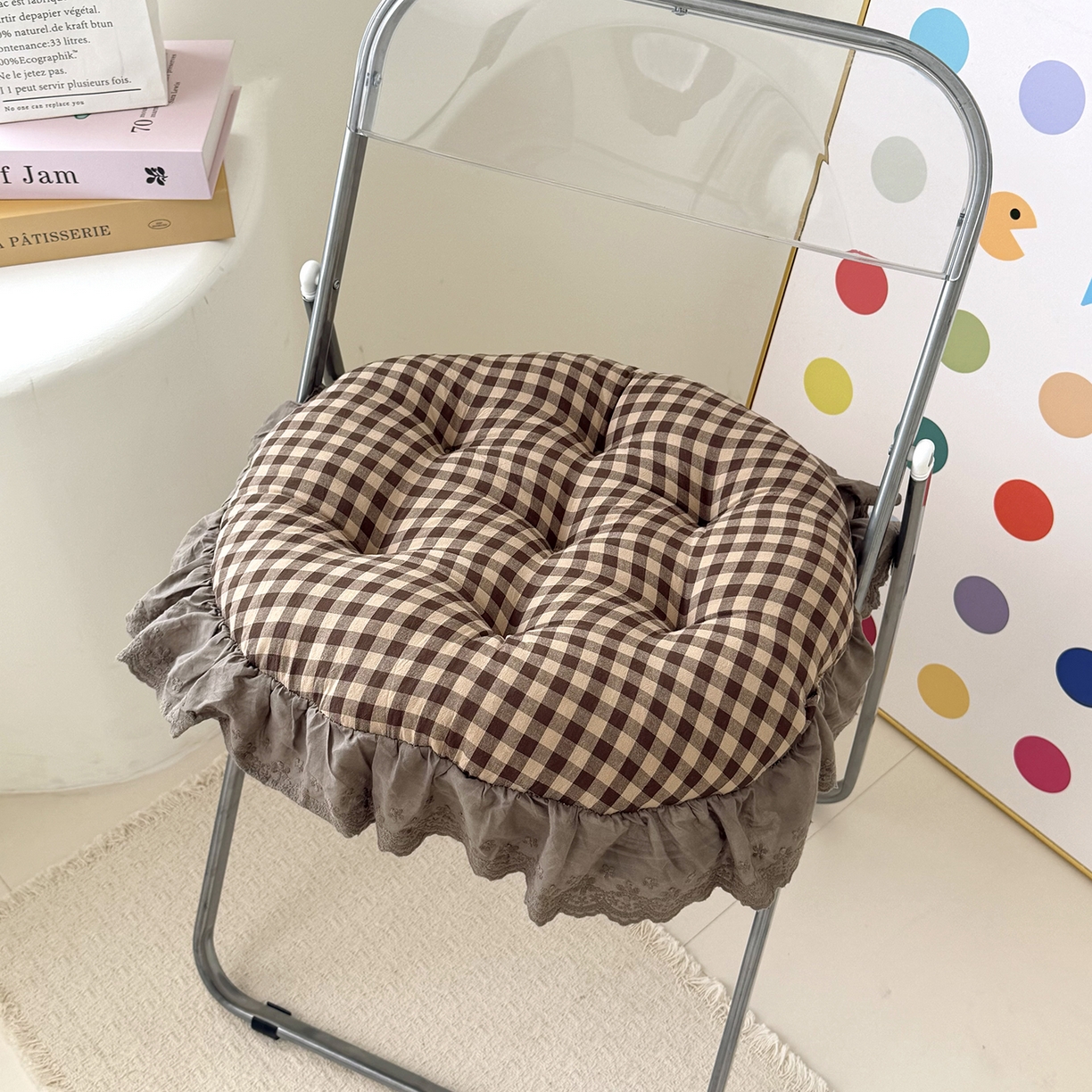 座享家 2026新款全棉色织大花边蒲团 咖格