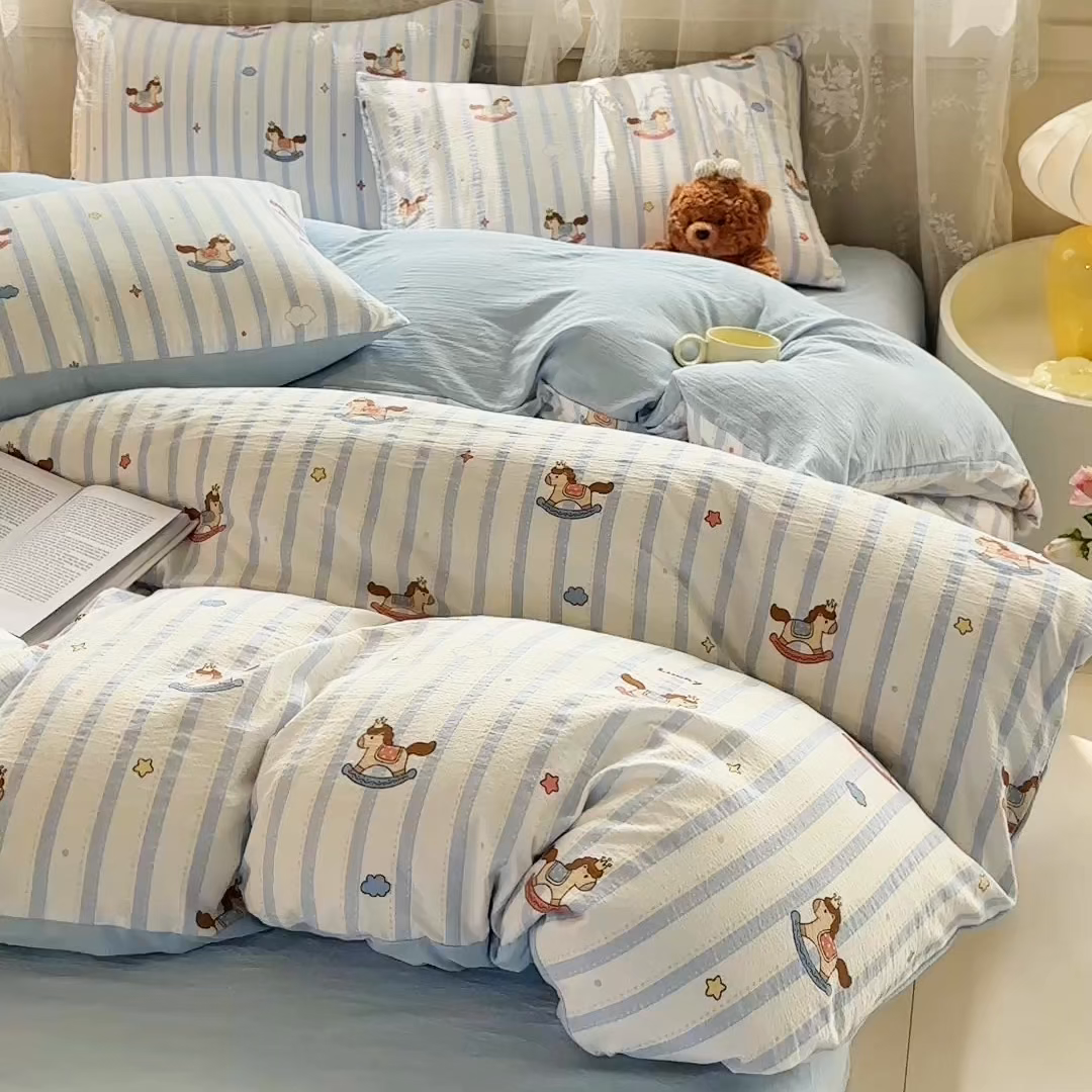 91家纺网 家纺一手货源 找家纺 （总）侯先生家纺新款直播爆款云感双层纱皱皱纱四件套小清新水洗棉床笠