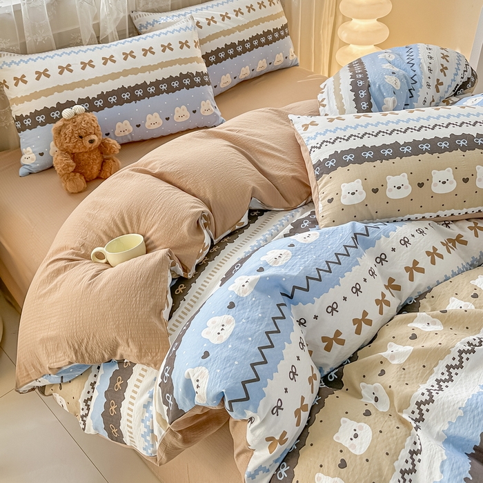 91家纺网 家纺一手货源 找家纺 侯先生家纺新款直播爆款云感双层纱皱皱纱四件套小清新水洗棉床笠 贝尔岛