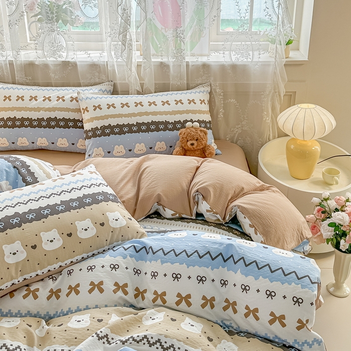 91家纺网 家纺一手货源 找家纺 侯先生家纺新款直播爆款云感双层纱皱皱纱四件套小清新水洗棉床笠 贝尔岛