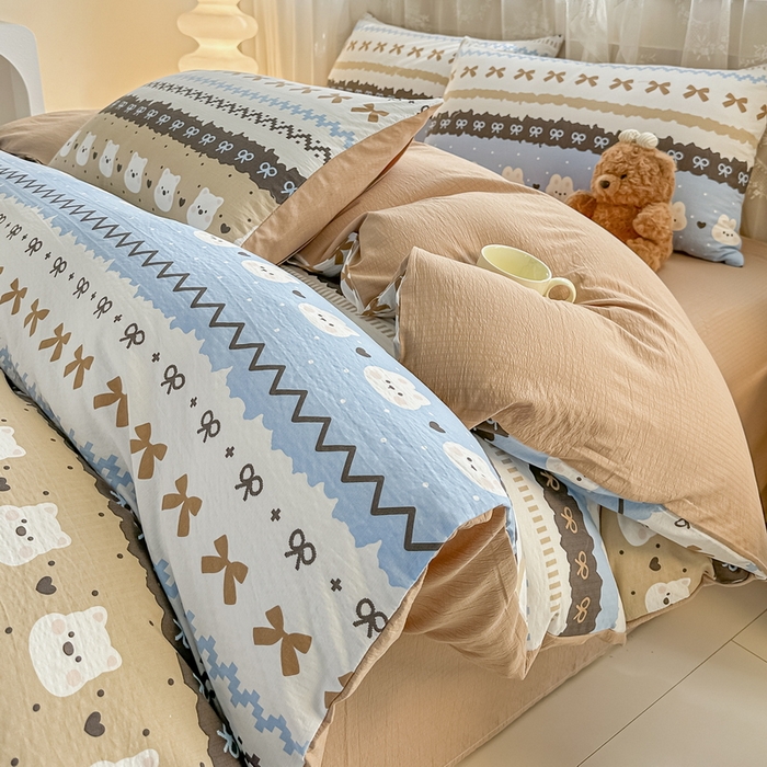 91家纺网 家纺一手货源 找家纺 侯先生家纺新款直播爆款云感双层纱皱皱纱四件套小清新水洗棉床笠 贝尔岛