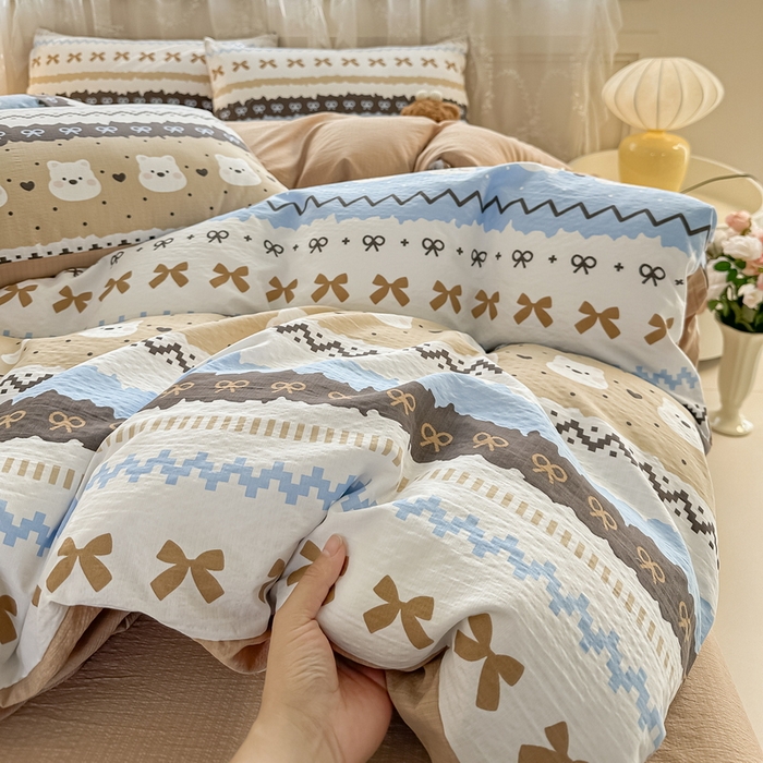 91家纺网 家纺一手货源 找家纺 侯先生家纺新款直播爆款云感双层纱皱皱纱四件套小清新水洗棉床笠 贝尔岛