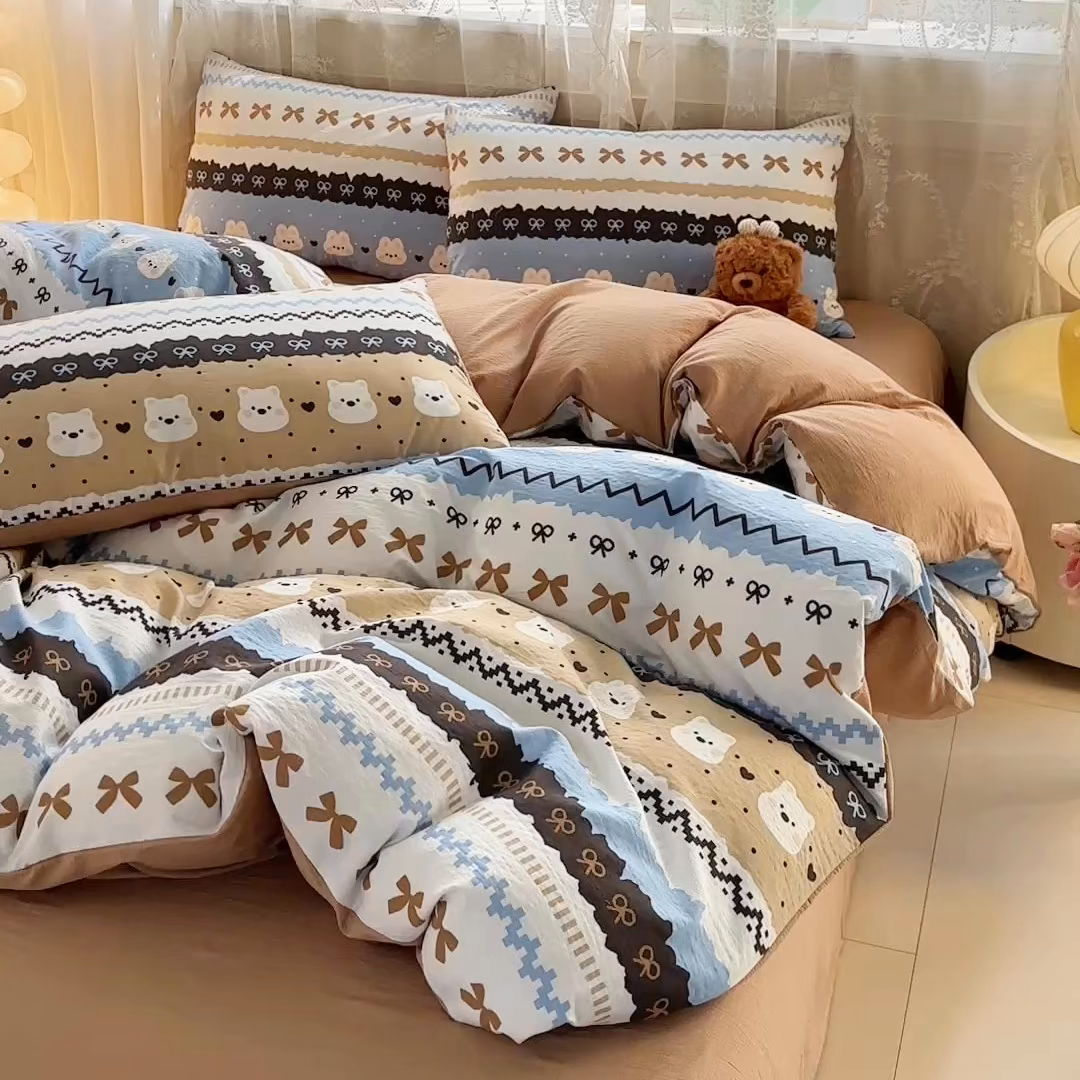 91家纺网 家纺一手货源 找家纺 侯先生家纺新款直播爆款云感双层纱皱皱纱四件套小清新水洗棉床笠 贝尔岛