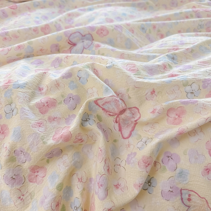 91家纺网 家纺一手货源 找家纺 侯先生家纺新款直播爆款云感双层纱皱皱纱四件套小清新水洗棉床笠 繁花蝶影