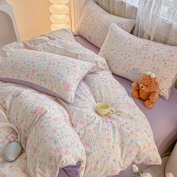 91家纺网 家纺一手货源 找家纺 侯先生家纺新款直播爆款云感双层纱皱皱纱四件套小清新水洗棉床笠 繁花蝶影