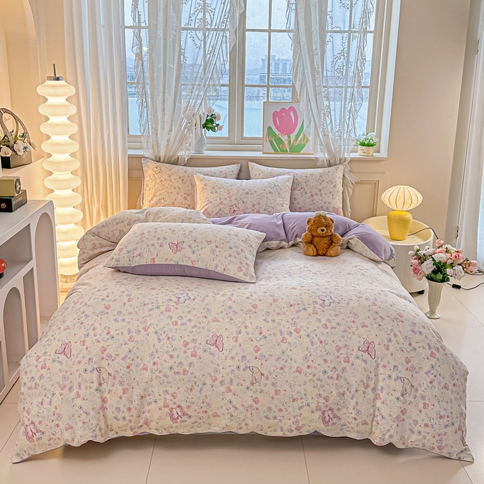 91家纺网 家纺一手货源 找家纺 侯先生家纺新款直播爆款云感双层纱皱皱纱四件套小清新水洗棉床笠 繁花蝶影