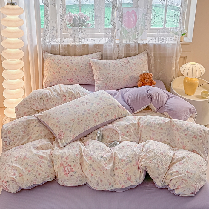 91家纺网 家纺一手货源 找家纺 侯先生家纺新款直播爆款云感双层纱皱皱纱四件套小清新水洗棉床笠 繁花蝶影