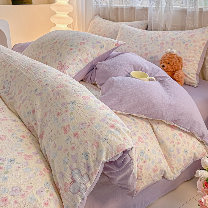 91家纺网 家纺一手货源 找家纺 侯先生家纺新款直播爆款云感双层纱皱皱纱四件套小清新水洗棉床笠 繁花蝶影