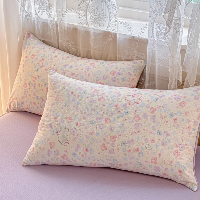 91家纺网 家纺一手货源 找家纺 侯先生家纺新款直播爆款云感双层纱皱皱纱四件套小清新水洗棉床笠 繁花蝶影