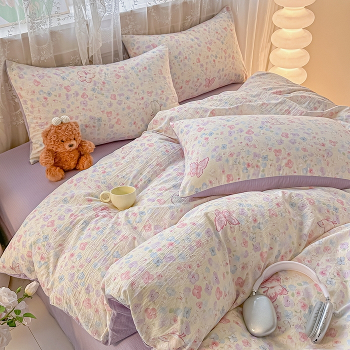 91家纺网 家纺一手货源 找家纺 侯先生家纺新款直播爆款云感双层纱皱皱纱四件套小清新水洗棉床笠 繁花蝶影