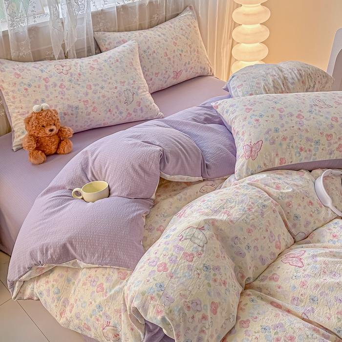 91家纺网 家纺一手货源 找家纺 侯先生家纺新款直播爆款云感双层纱皱皱纱四件套小清新水洗棉床笠 繁花蝶影