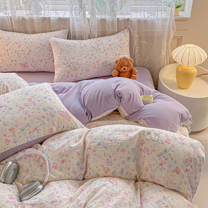 91家纺网 家纺一手货源 找家纺 侯先生家纺新款直播爆款云感双层纱皱皱纱四件套小清新水洗棉床笠 繁花蝶影