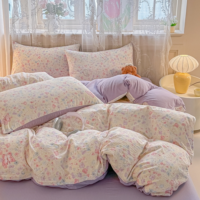 91家纺网 家纺一手货源 找家纺 侯先生家纺新款直播爆款云感双层纱皱皱纱四件套小清新水洗棉床笠 繁花蝶影