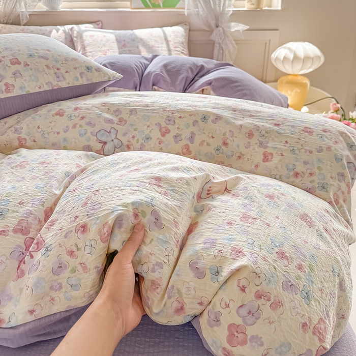 91家纺网 家纺一手货源 找家纺 侯先生家纺新款直播爆款云感双层纱皱皱纱四件套小清新水洗棉床笠 繁花蝶影