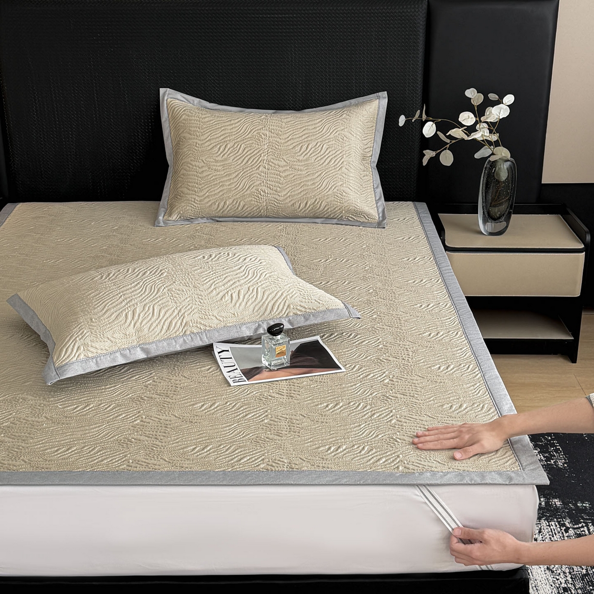 91家纺网 家纺一手货源 找家纺 倾慕家纺 2026新款立体提花冰豆豆凉席 山丘香槟