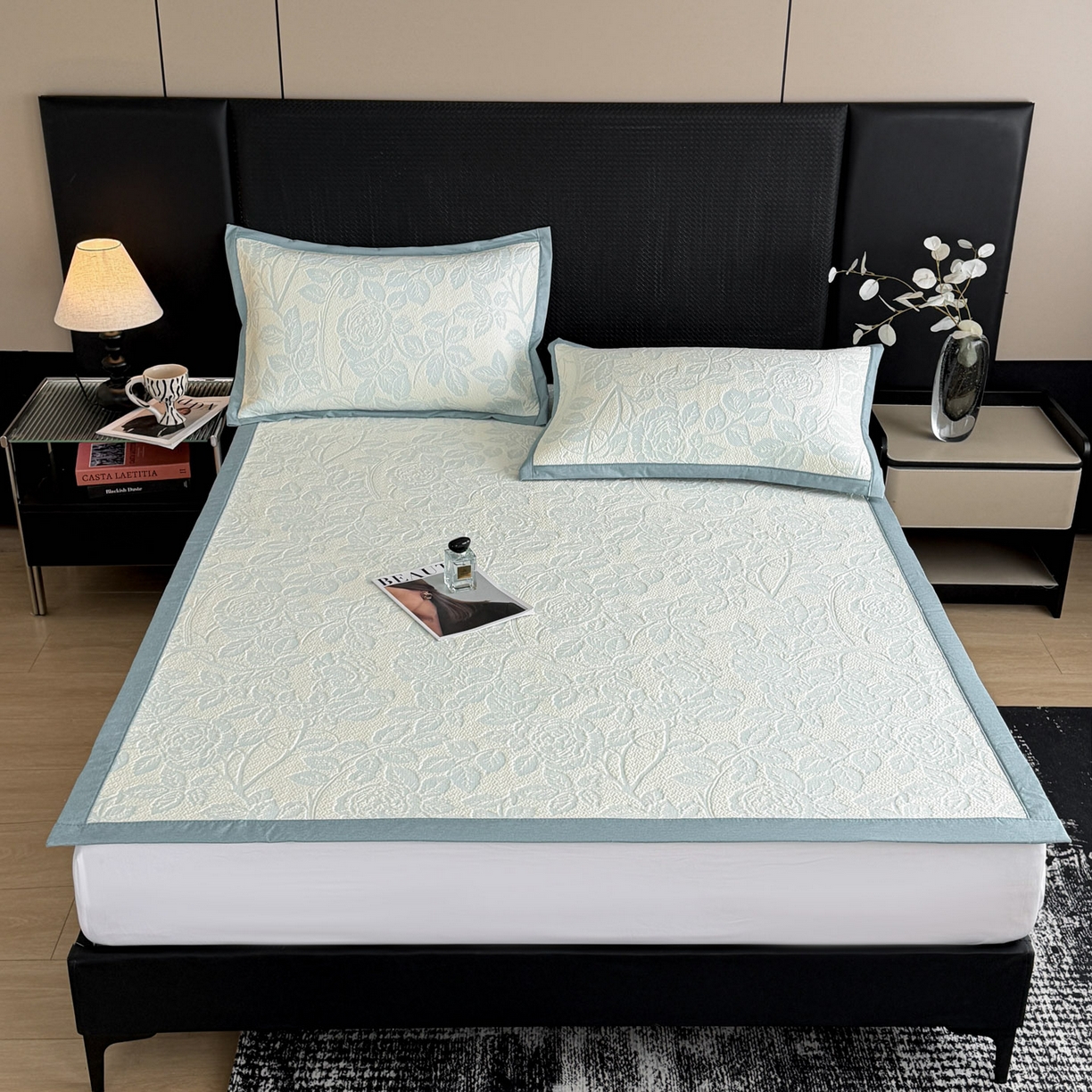 91家纺网 家纺一手货源 找家纺 倾慕家纺 2026新款立体提花冰豆豆凉席 花意浓蓝