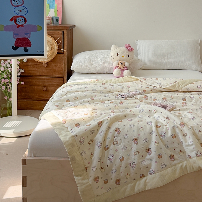 91家纺网 家纺一手货源 找家纺 暖生活 2026新款A类母婴级全棉双层纱夏被 奶黄甜猫