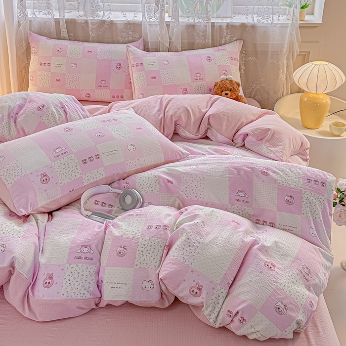 91家纺网 家纺一手货源 找家纺 侯先生家纺新款直播爆款云感双层纱皱皱纱四件套小清新水洗棉床笠 粉布布