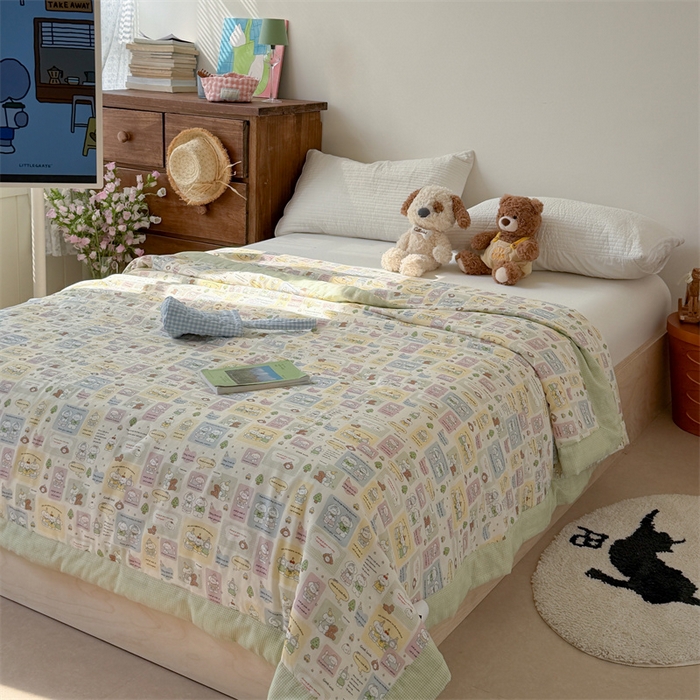 91家纺网 家纺一手货源 找家纺 暖生活 2026新款A类母婴级全棉双层纱夏被 青柠萌宠