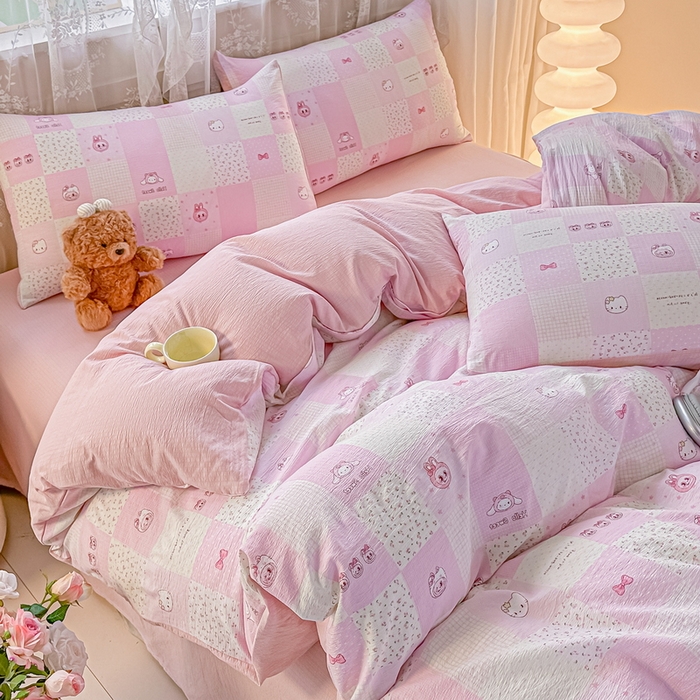 91家纺网 家纺一手货源 找家纺 侯先生家纺新款直播爆款云感双层纱皱皱纱四件套小清新水洗棉床笠 粉布布