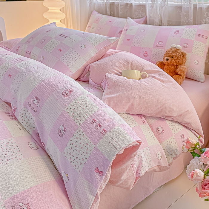 91家纺网 家纺一手货源 找家纺 侯先生家纺新款直播爆款云感双层纱皱皱纱四件套小清新水洗棉床笠 粉布布