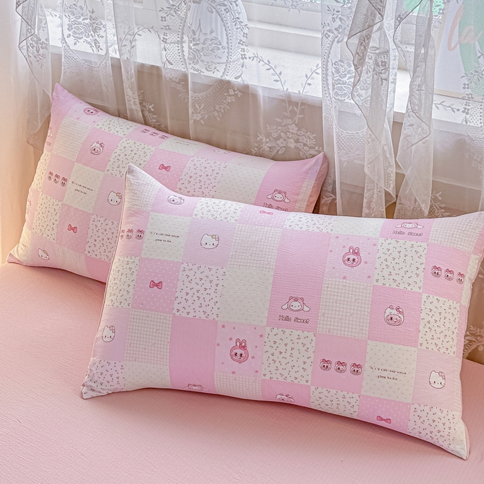 91家纺网 家纺一手货源 找家纺 侯先生家纺新款直播爆款云感双层纱皱皱纱四件套小清新水洗棉床笠 粉布布