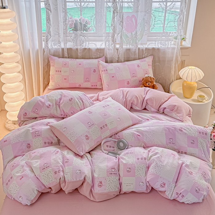 91家纺网 家纺一手货源 找家纺 侯先生家纺新款直播爆款云感双层纱皱皱纱四件套小清新水洗棉床笠 粉布布