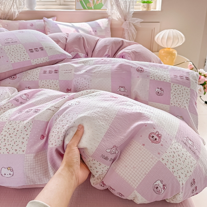 91家纺网 家纺一手货源 找家纺 侯先生家纺新款直播爆款云感双层纱皱皱纱四件套小清新水洗棉床笠 粉布布