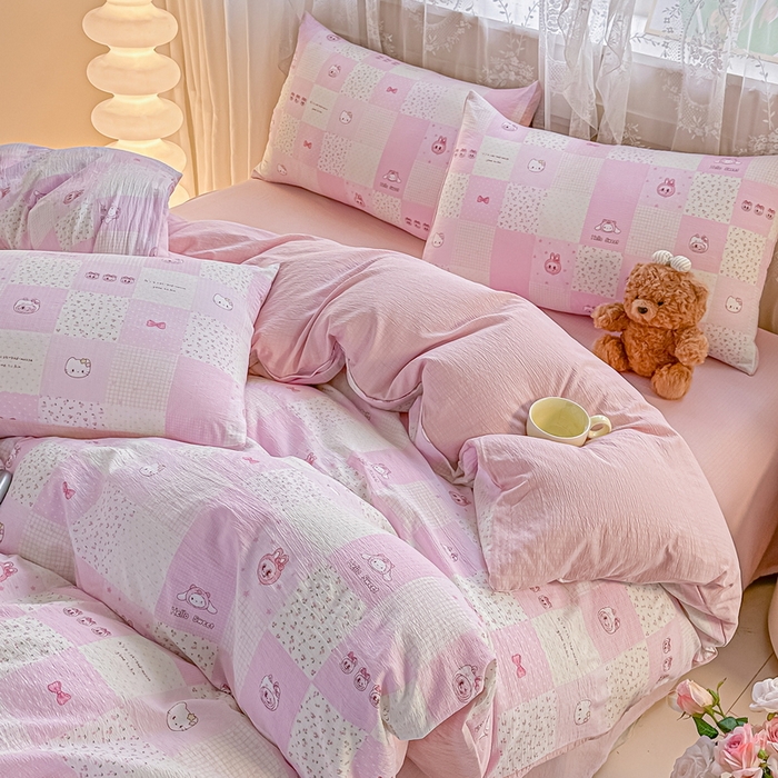 侯先生家纺新款直播爆款云感双层纱皱皱纱四件套小清新水洗棉床笠 粉布布