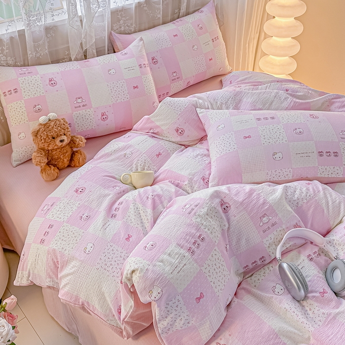 91家纺网 家纺一手货源 找家纺 侯先生家纺新款直播爆款云感双层纱皱皱纱四件套小清新水洗棉床笠 粉布布