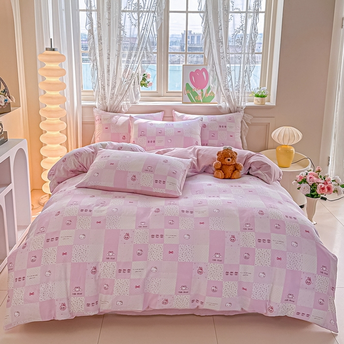 91家纺网 家纺一手货源 找家纺 侯先生家纺新款直播爆款云感双层纱皱皱纱四件套小清新水洗棉床笠 粉布布