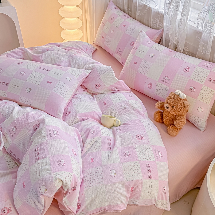 91家纺网 家纺一手货源 找家纺 侯先生家纺新款直播爆款云感双层纱皱皱纱四件套小清新水洗棉床笠 粉布布