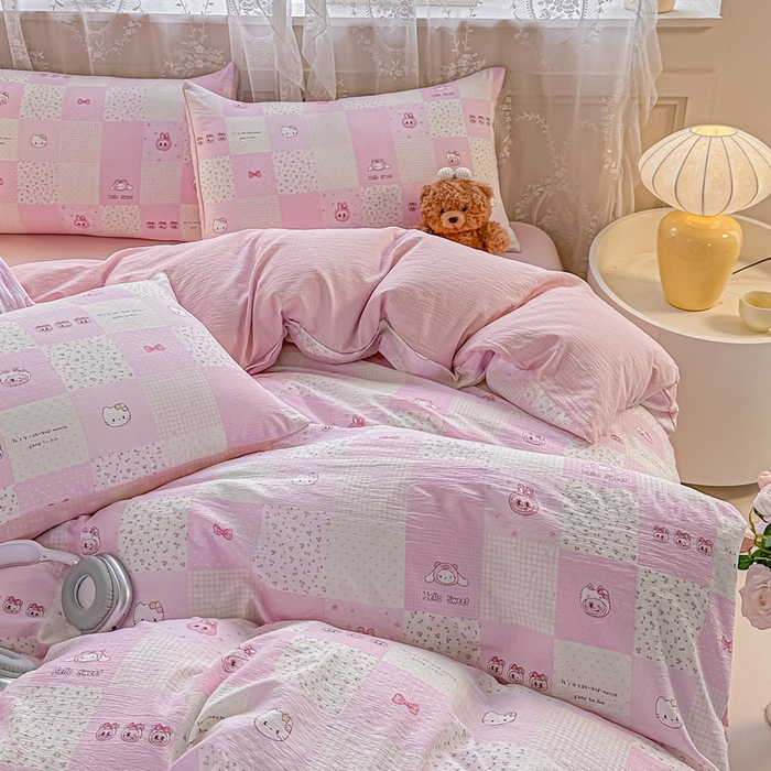 91家纺网 家纺一手货源 找家纺 侯先生家纺新款直播爆款云感双层纱皱皱纱四件套小清新水洗棉床笠 粉布布