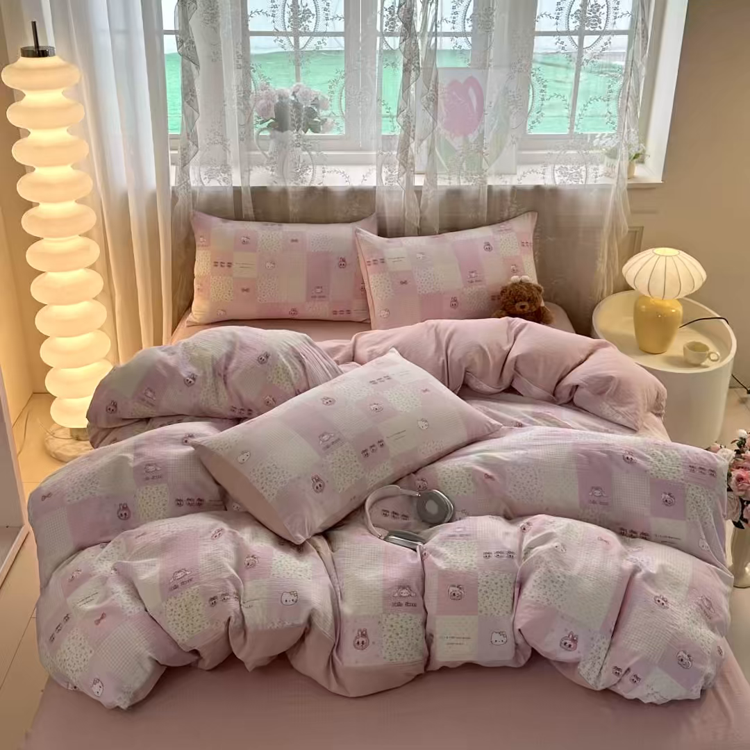 91家纺网 家纺一手货源 找家纺 侯先生家纺新款直播爆款云感双层纱皱皱纱四件套小清新水洗棉床笠 粉布布