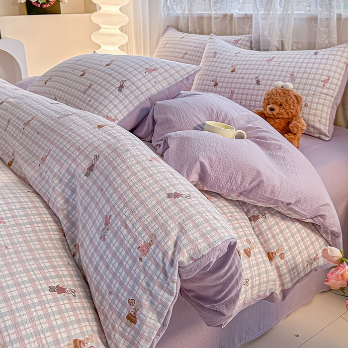 91家纺网 家纺一手货源 找家纺 侯先生家纺新款直播爆款云感双层纱皱皱纱四件套小清新水洗棉床笠 格兔入画