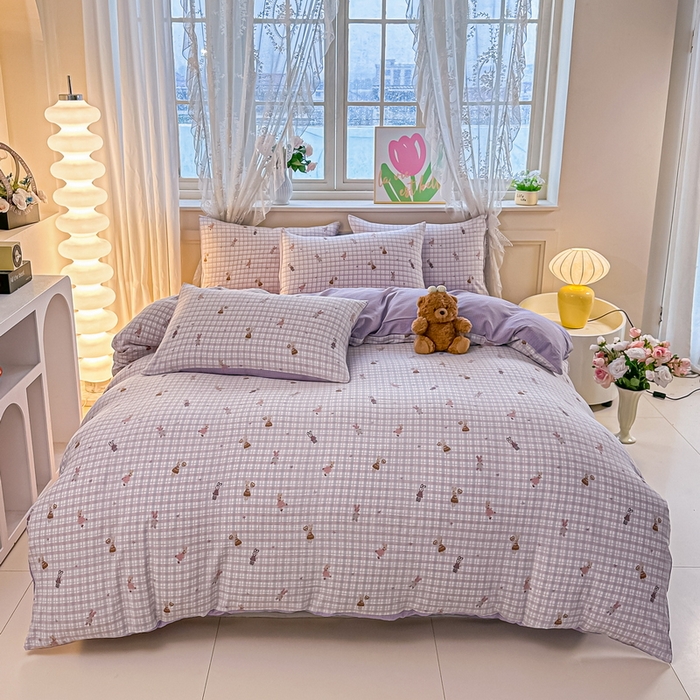 91家纺网 家纺一手货源 找家纺 侯先生家纺新款直播爆款云感双层纱皱皱纱四件套小清新水洗棉床笠 格兔入画