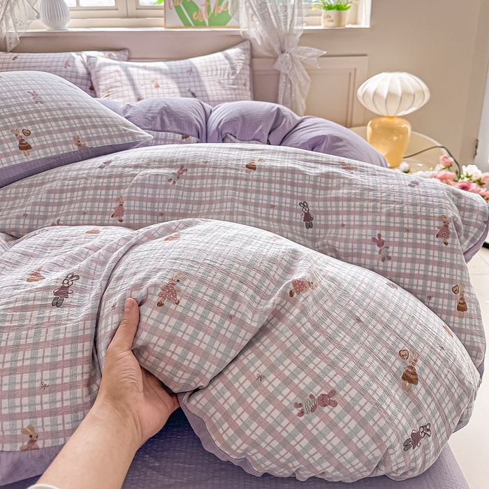 91家纺网 家纺一手货源 找家纺 侯先生家纺新款直播爆款云感双层纱皱皱纱四件套小清新水洗棉床笠 格兔入画