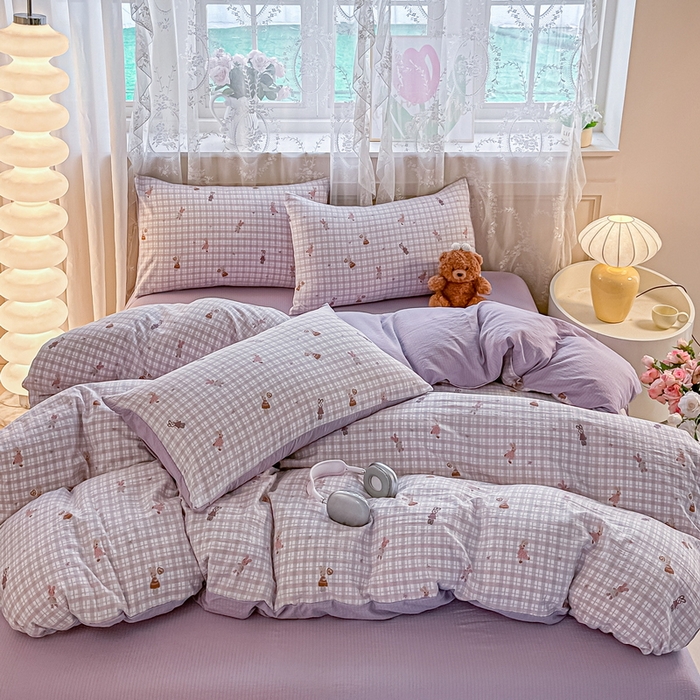 91家纺网 家纺一手货源 找家纺 侯先生家纺新款直播爆款云感双层纱皱皱纱四件套小清新水洗棉床笠 格兔入画