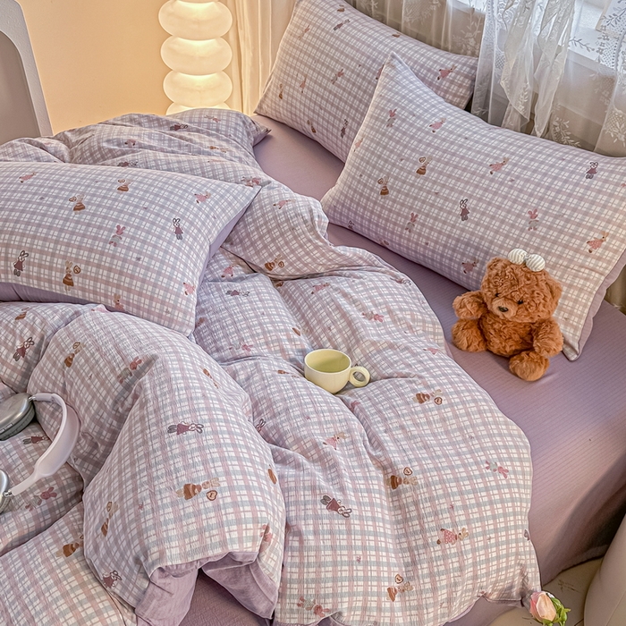 91家纺网 家纺一手货源 找家纺 侯先生家纺新款直播爆款云感双层纱皱皱纱四件套小清新水洗棉床笠 格兔入画