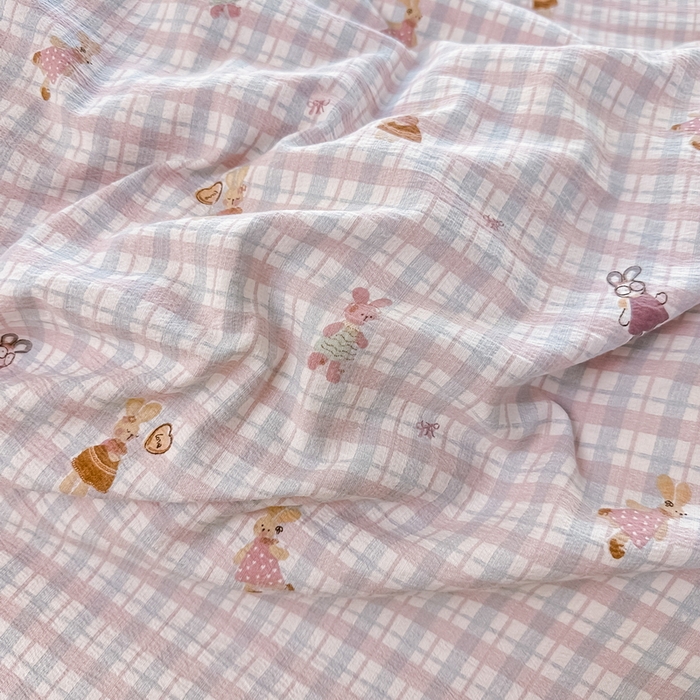 91家纺网 家纺一手货源 找家纺 侯先生家纺新款直播爆款云感双层纱皱皱纱四件套小清新水洗棉床笠 格兔入画