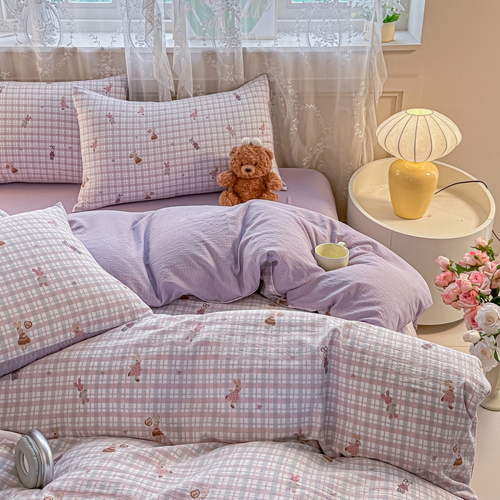 91家纺网 家纺一手货源 找家纺 侯先生家纺新款直播爆款云感双层纱皱皱纱四件套小清新水洗棉床笠 格兔入画