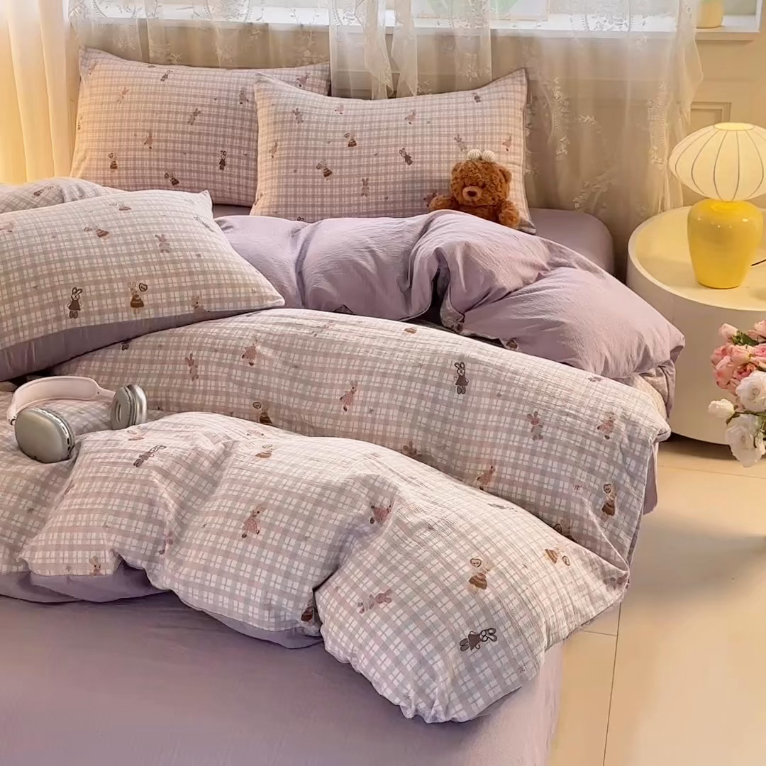 91家纺网 家纺一手货源 找家纺 侯先生家纺新款直播爆款云感双层纱皱皱纱四件套小清新水洗棉床笠 格兔入画