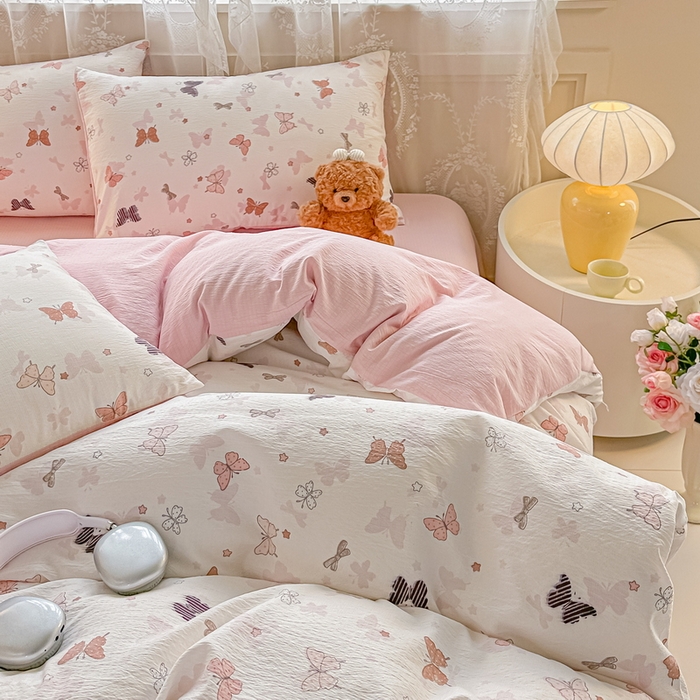 91家纺网 家纺一手货源 找家纺 侯先生家纺新款直播爆款云感双层纱皱皱纱四件套小清新水洗棉床笠 花间蝶语