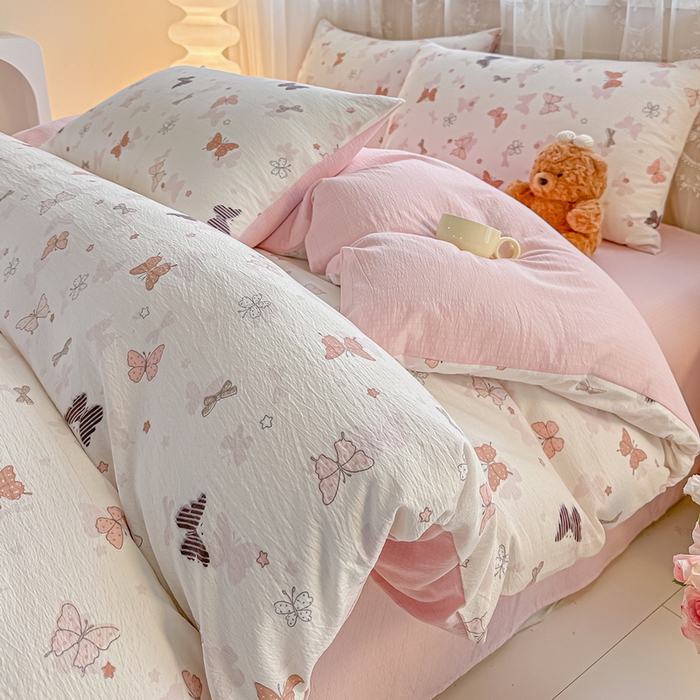 91家纺网 家纺一手货源 找家纺 侯先生家纺新款直播爆款云感双层纱皱皱纱四件套小清新水洗棉床笠 花间蝶语