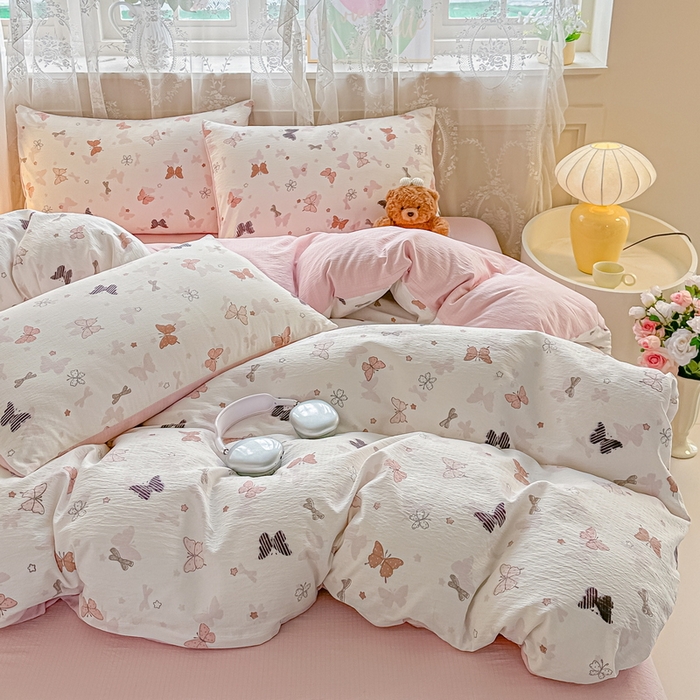 91家纺网 家纺一手货源 找家纺 侯先生家纺新款直播爆款云感双层纱皱皱纱四件套小清新水洗棉床笠 花间蝶语