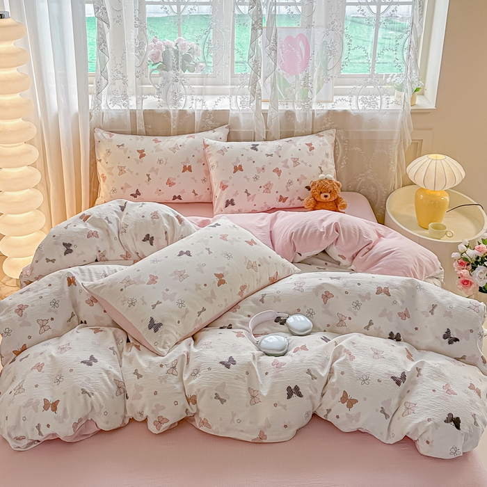 91家纺网 家纺一手货源 找家纺 侯先生家纺新款直播爆款云感双层纱皱皱纱四件套小清新水洗棉床笠 花间蝶语