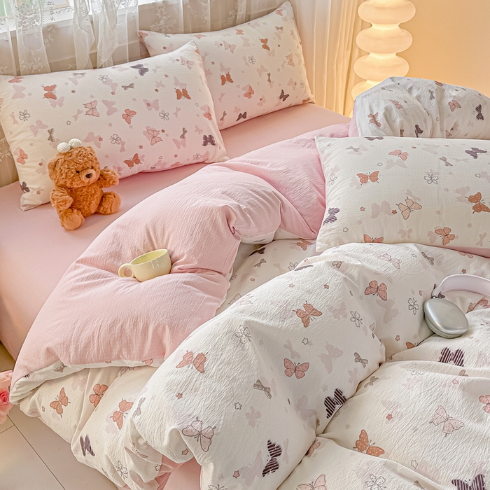 91家纺网 家纺一手货源 找家纺 侯先生家纺新款直播爆款云感双层纱皱皱纱四件套小清新水洗棉床笠 花间蝶语