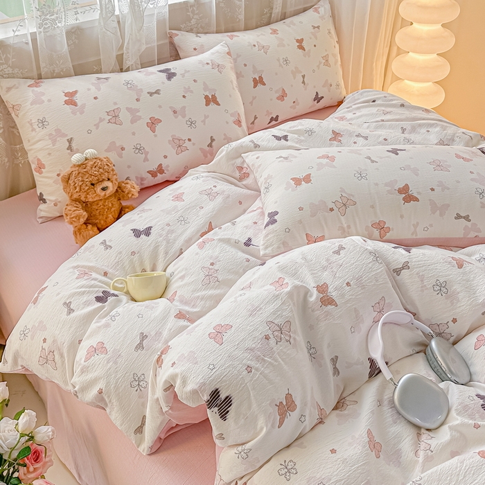 91家纺网 家纺一手货源 找家纺 侯先生家纺新款直播爆款云感双层纱皱皱纱四件套小清新水洗棉床笠 花间蝶语