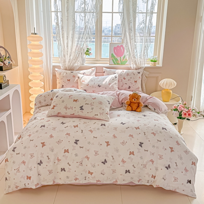 91家纺网 家纺一手货源 找家纺 侯先生家纺新款直播爆款云感双层纱皱皱纱四件套小清新水洗棉床笠 花间蝶语